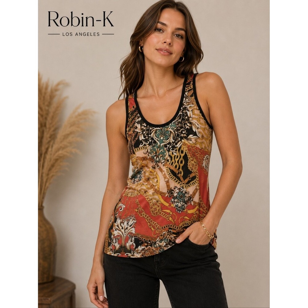 Robin-K Womens Tank Top Vintage Multicolor Chain Print Semi Sheer Sleeveless M